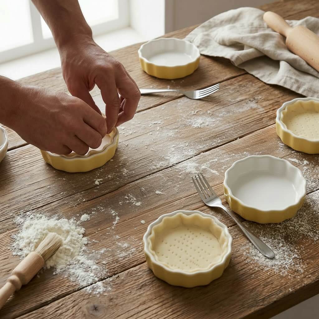 Pressing pastry dough into individual tartlet tins and pricking the base with a fork before baking.