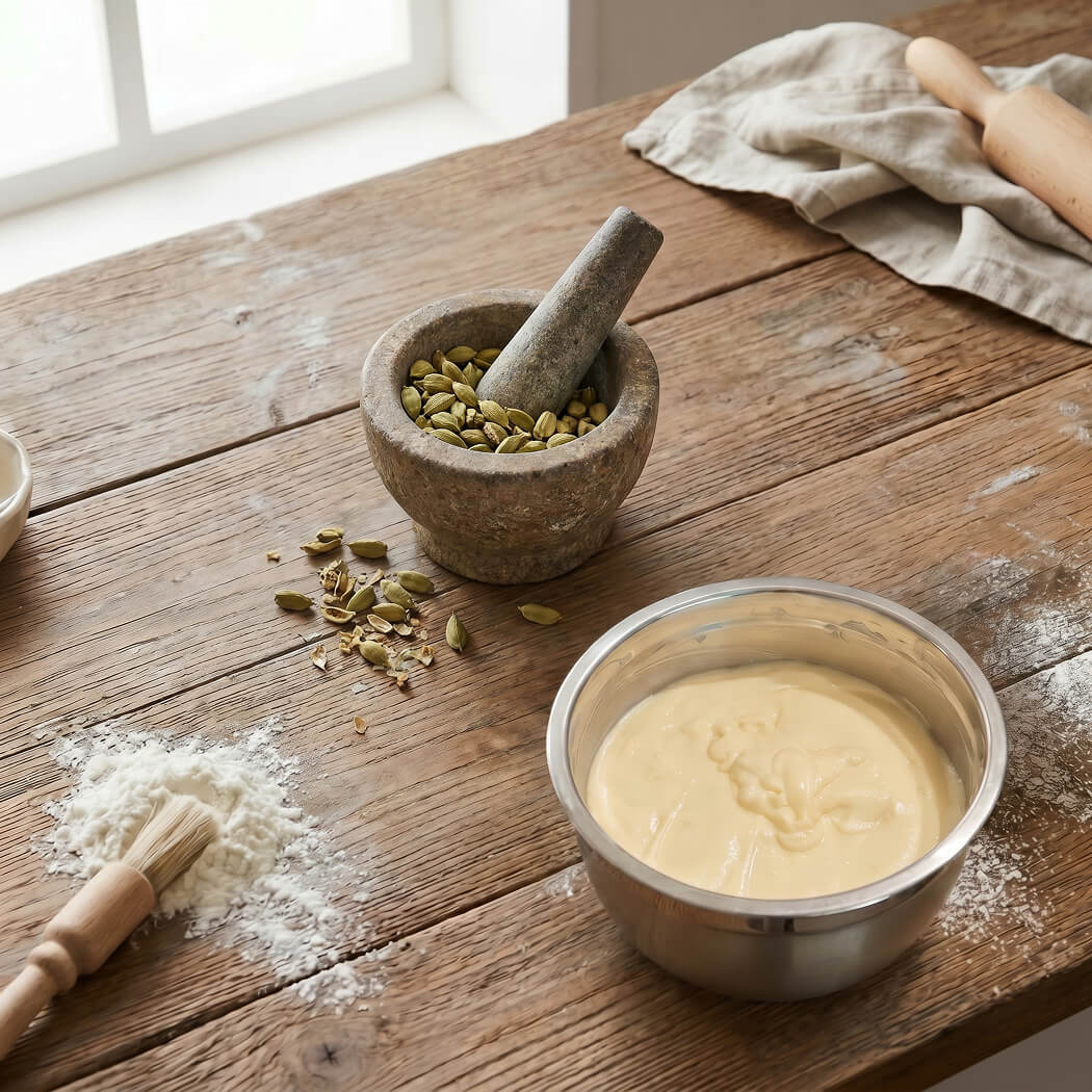 Freshly crushed cardamom pods beside vanilla cream before mixing the filling for cardamom strawberry tartlets.