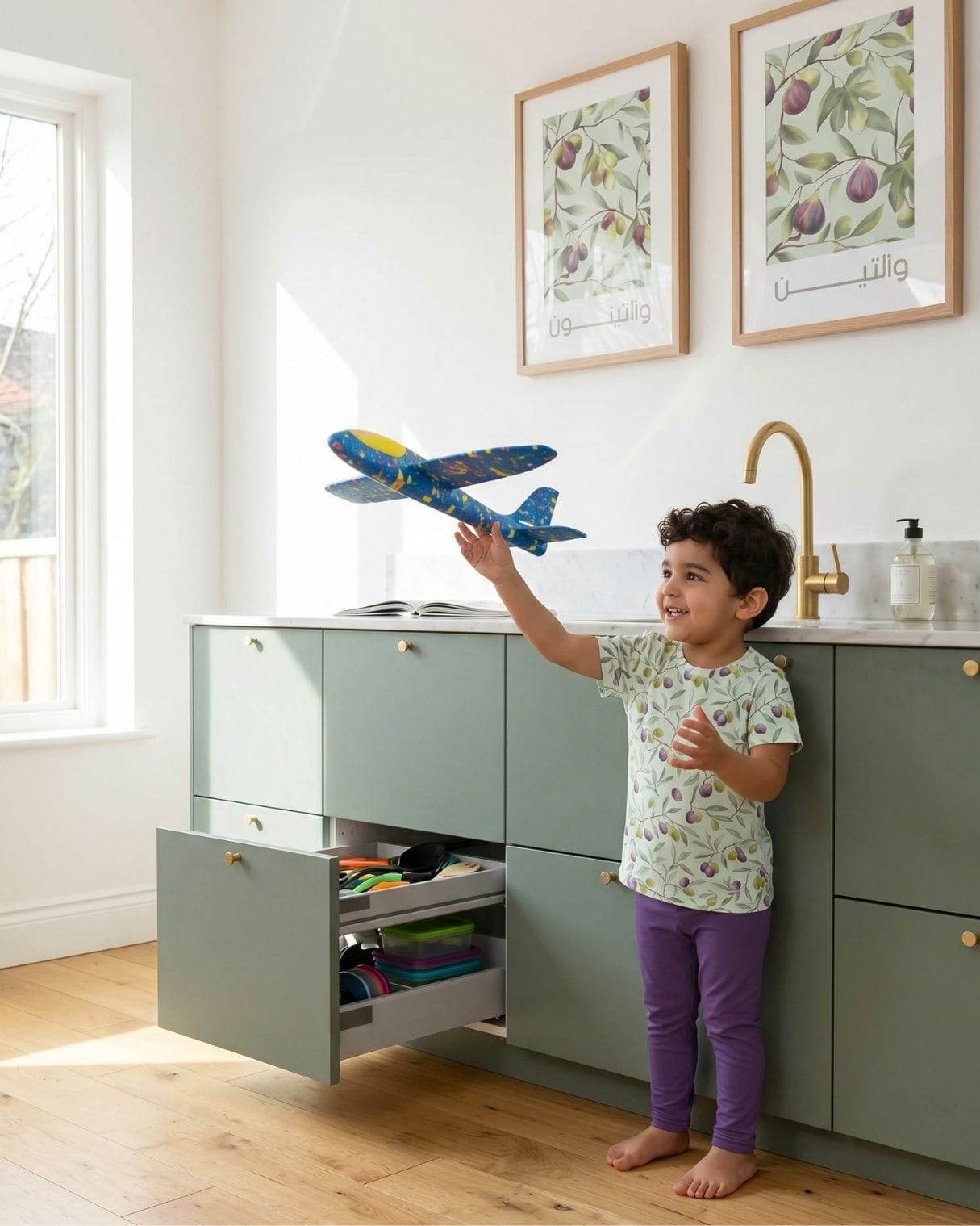 Child wearing Deenista fig & olive kids t-shirt with plum leggings in a bright home with matching botanical Islamic wall art.