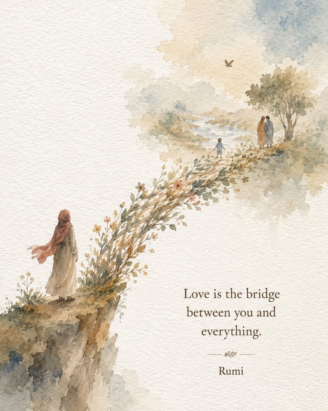 Watercolour illustration of a woman standing near a floral bridge leading toward water, birds, trees, and distant figures, inspired by Rumi’s quote about love as a bridge.