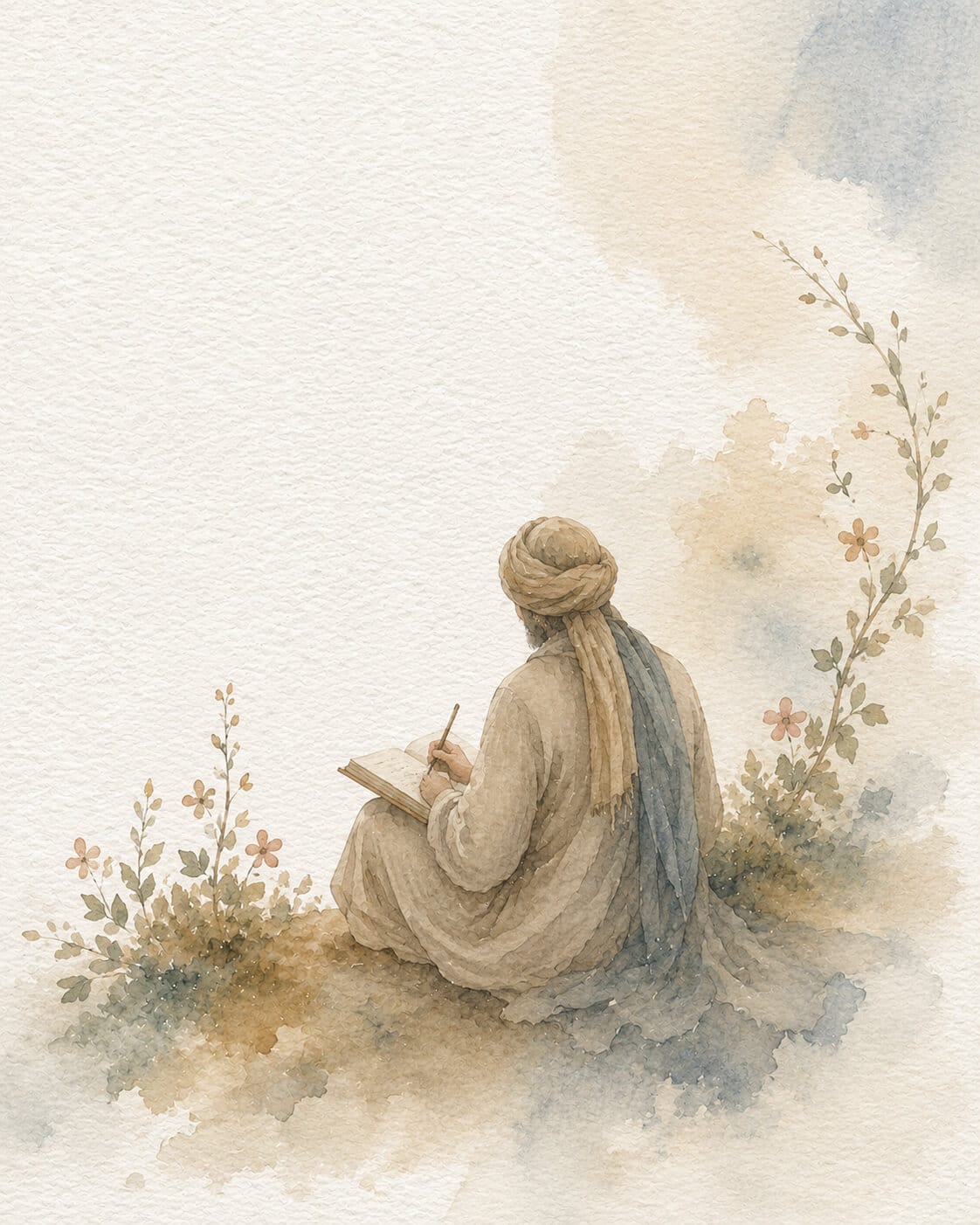 Soft watercolor painting of an abstract dervish-like man seen from behind, seated and writing in a notebook, surrounded by delicate botanical details on textured paper.