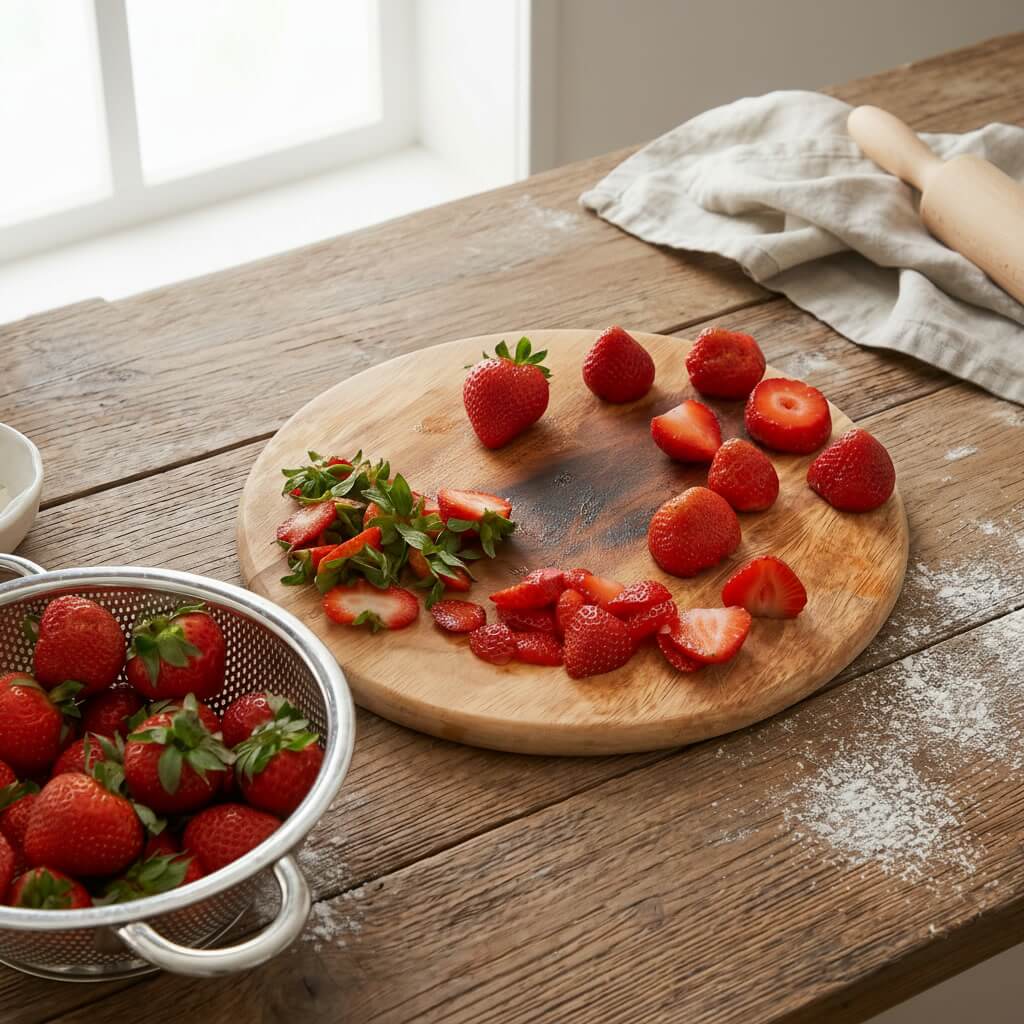 Fresh strawberries being prepared and sliced for cardamom strawberry tartlets.