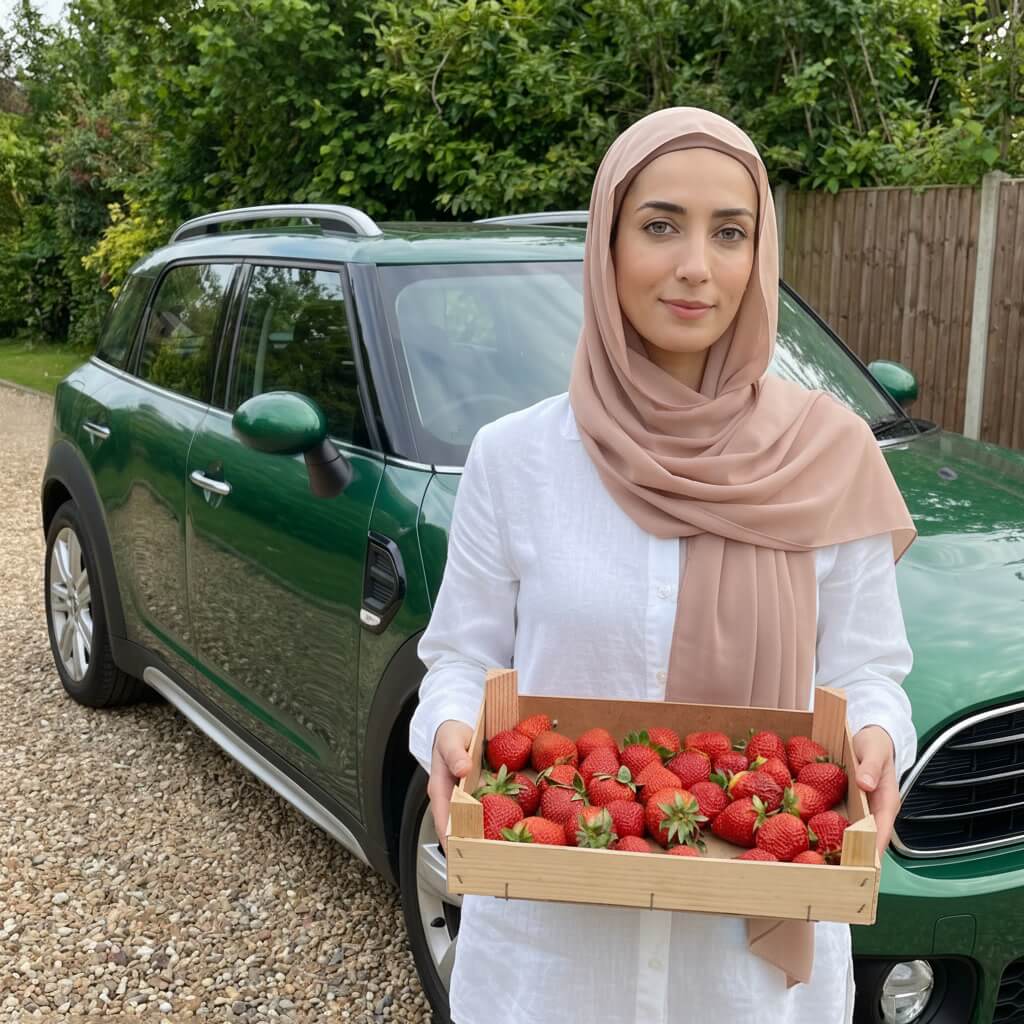 Hijabi food blogger holding a crate of fresh strawberries before making cardamom strawberry tartlets.
