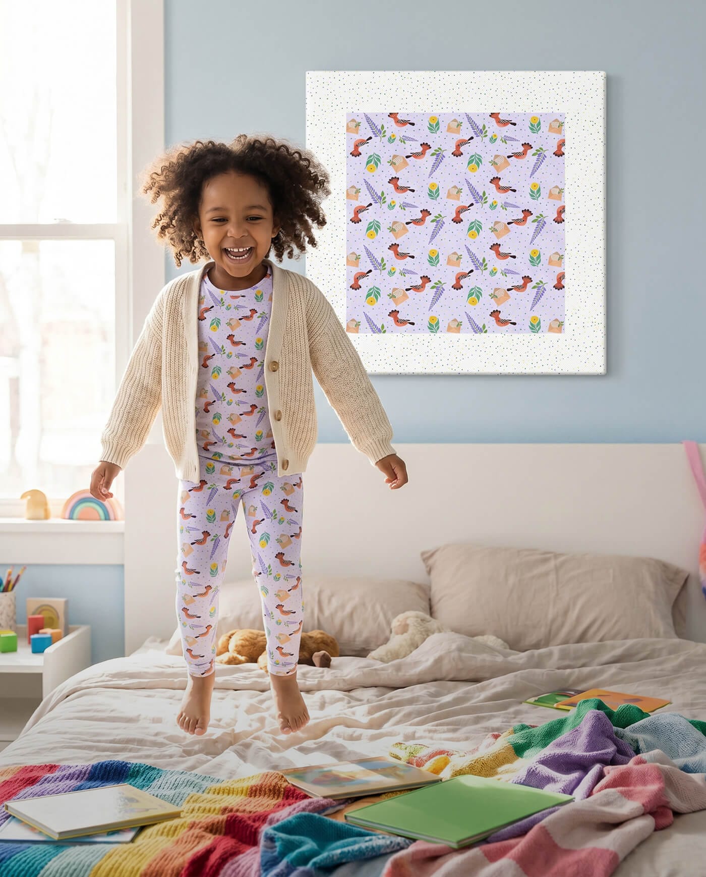 Child wearing Deenista hoopoe wearable art kidswear in a bedroom with matching Islamic-inspired canvas art.