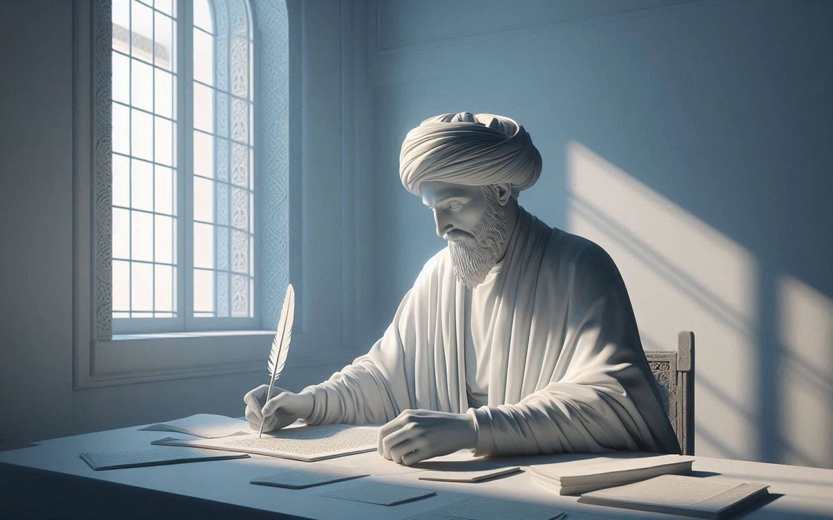 Illustration of Avicenna (Ibn Sina) seated at a desk, writing manuscripts