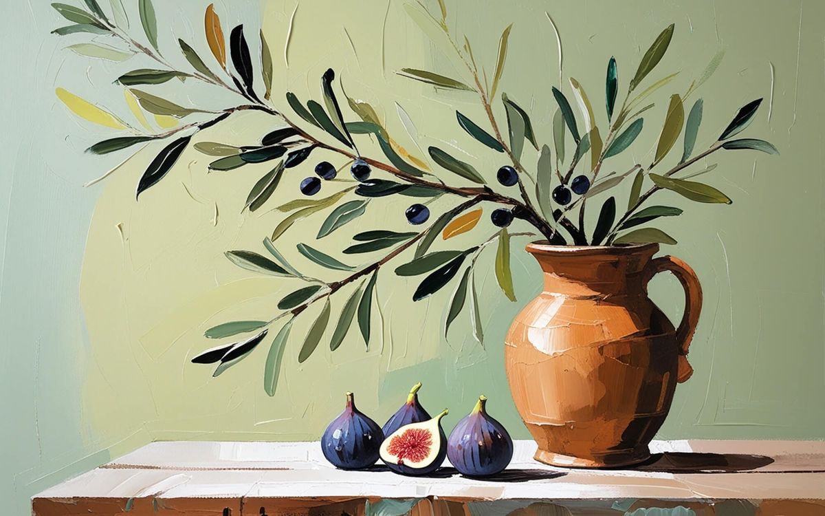 Quranic fruits: Fig and Olive wall art in the style of still life painting