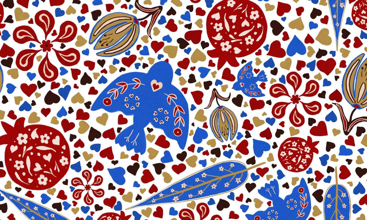 A colourful repeating pattern with pomegranates, birds, flowers, feathers and small heart shapes in red, blue and gold.