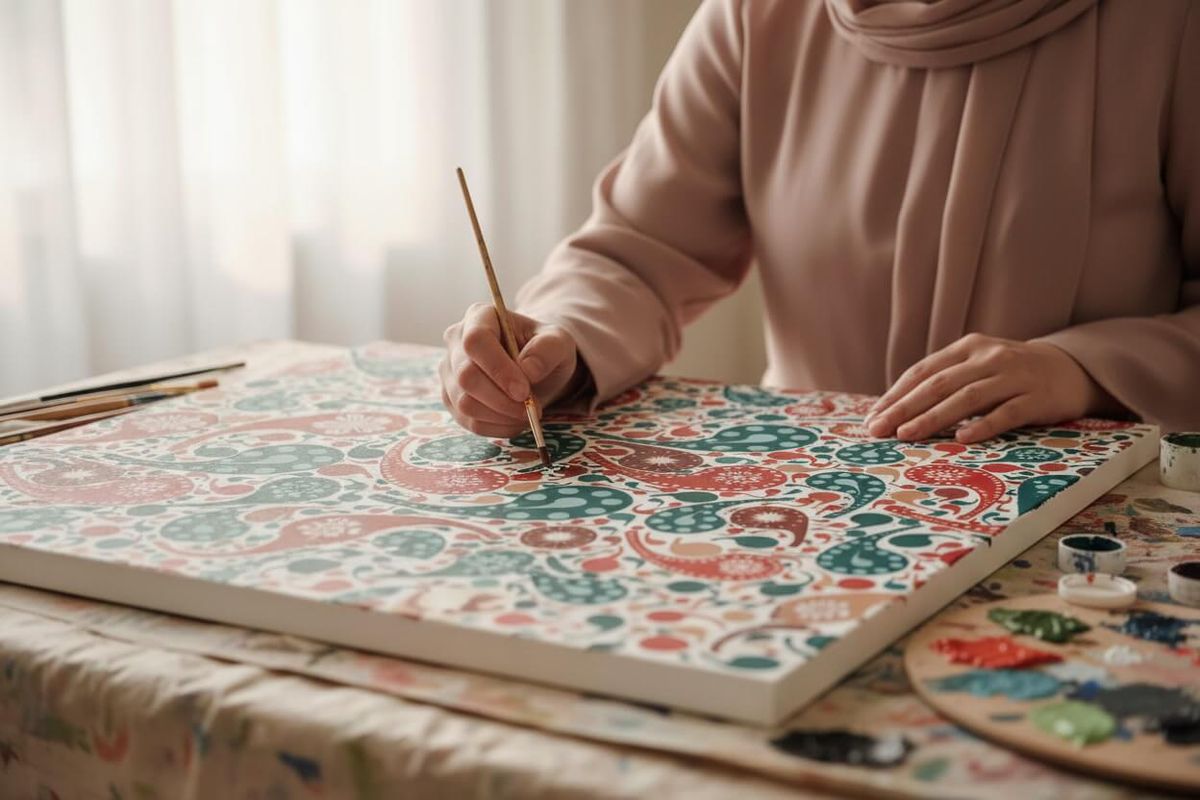 Person painting an intricate floral-paisley pattern onto a canvas at a table, with brushes and a paint palette beside it.