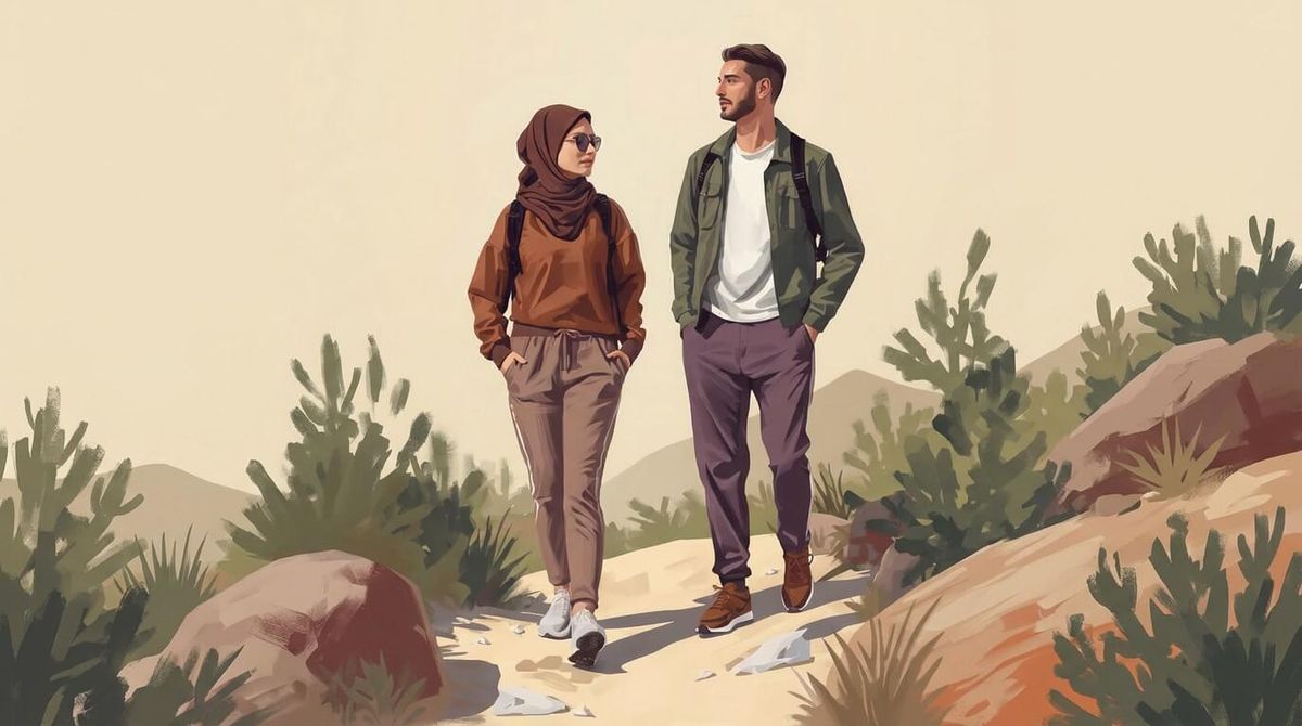 A hijabi and a man walking together on a desert trail surrounded by shrubs and rocky hills.