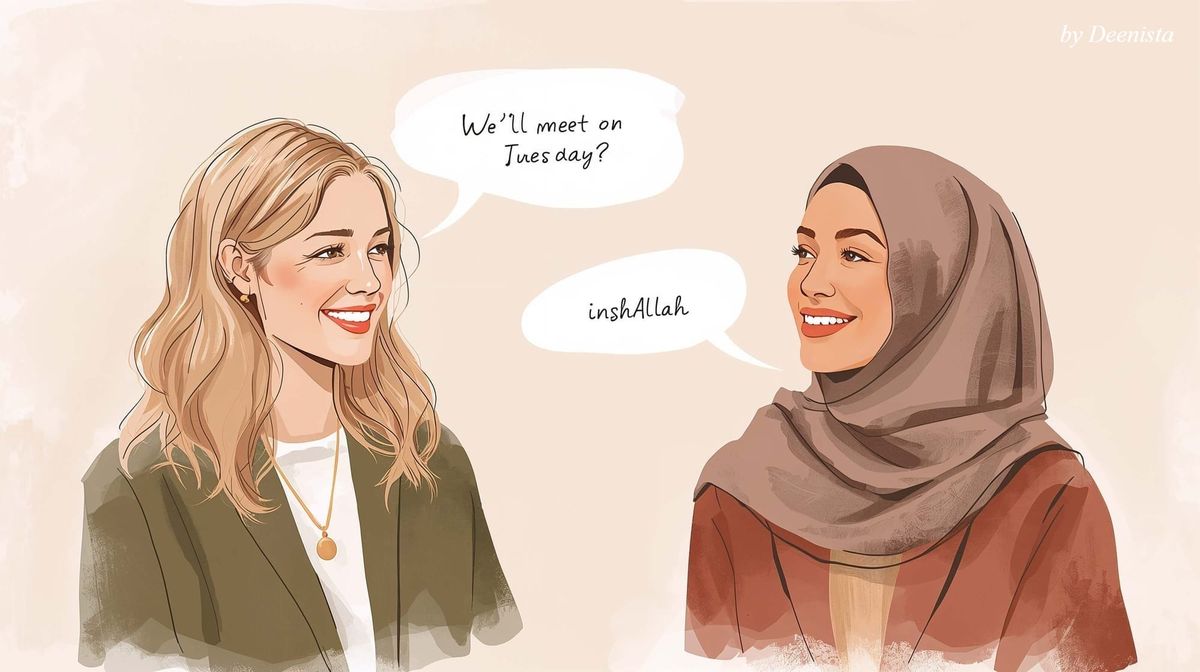 Illustrated scene of two women chatting, one in a hijab, reflecting everyday Muslim language and the use of “inshallah” in conversation.