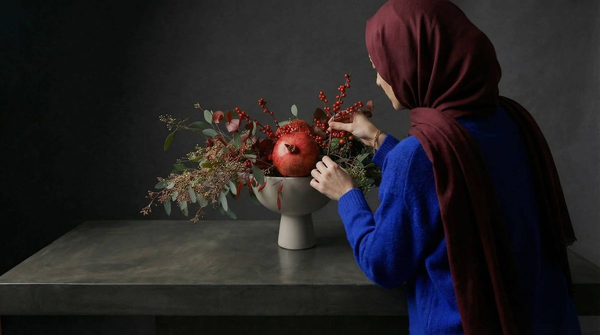 A person in a hijab arranging a wild pomegranate centerpiece with greenery and red berries in a ceramic bowl on a table.