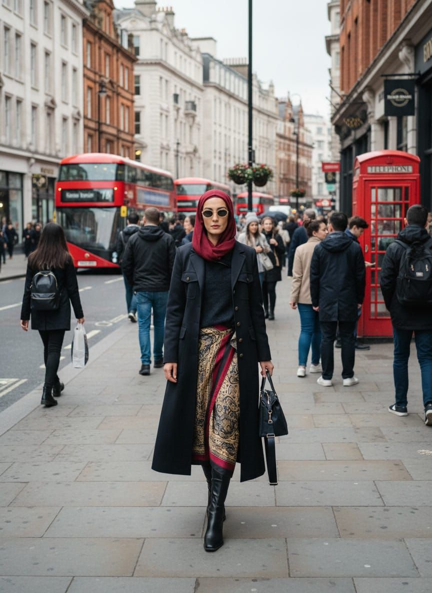 Person wearing a burgundy hijab, long black coat, and patterned skirt walking on a busy London street with red double-decker buses and a red telephone box in the background.