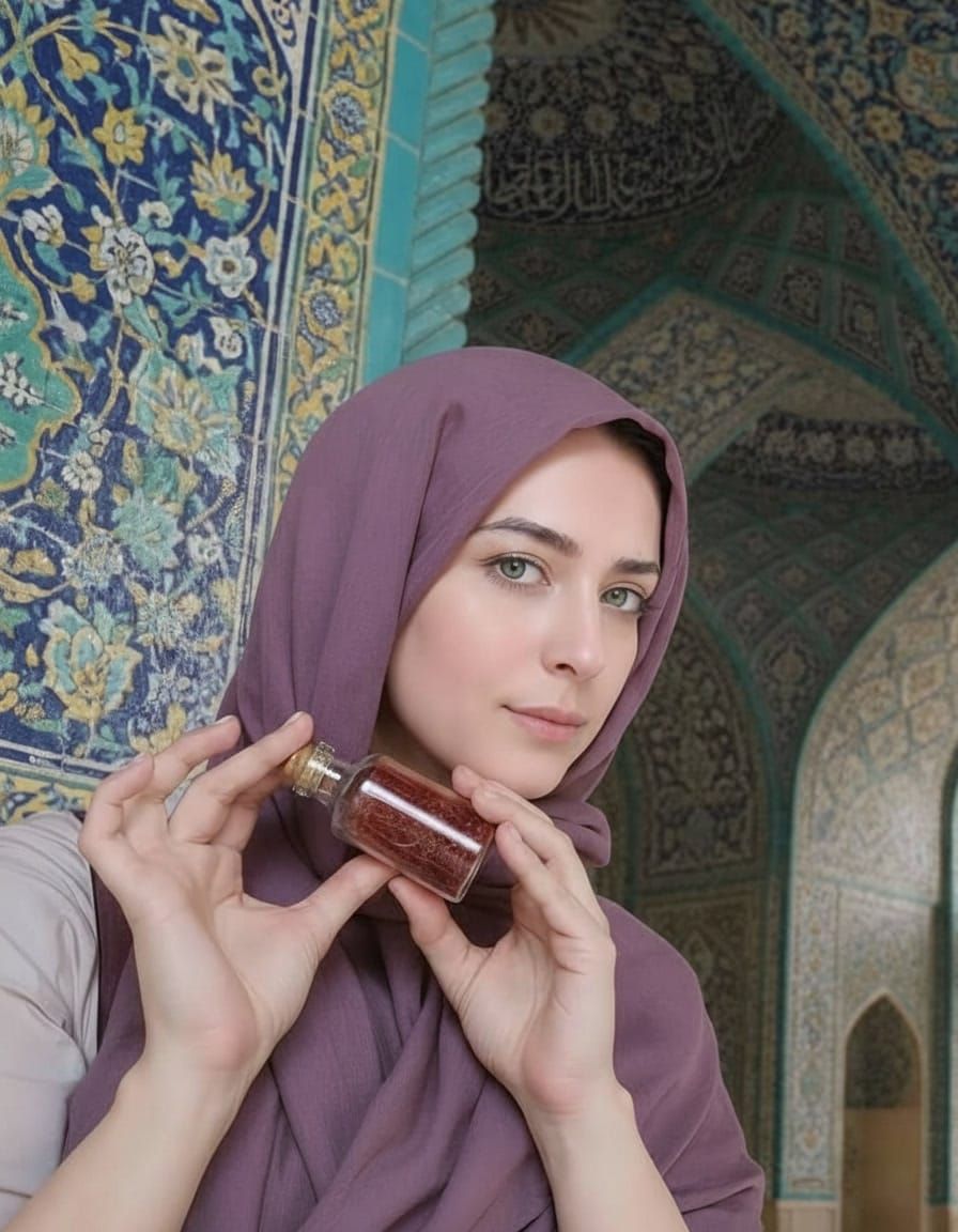 Person in a mauve hijab holding a small glass bottle of saffron threads in front of a tiled mosque interior.