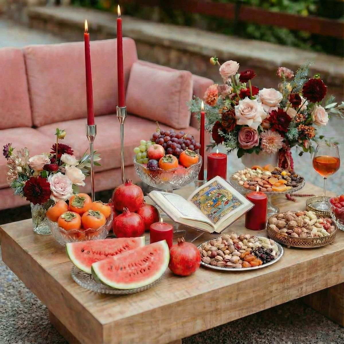 A wooden table outdoors arranged for Yalda night with pomegranates, sliced watermelon, bowls of mixed nuts and dried fruits