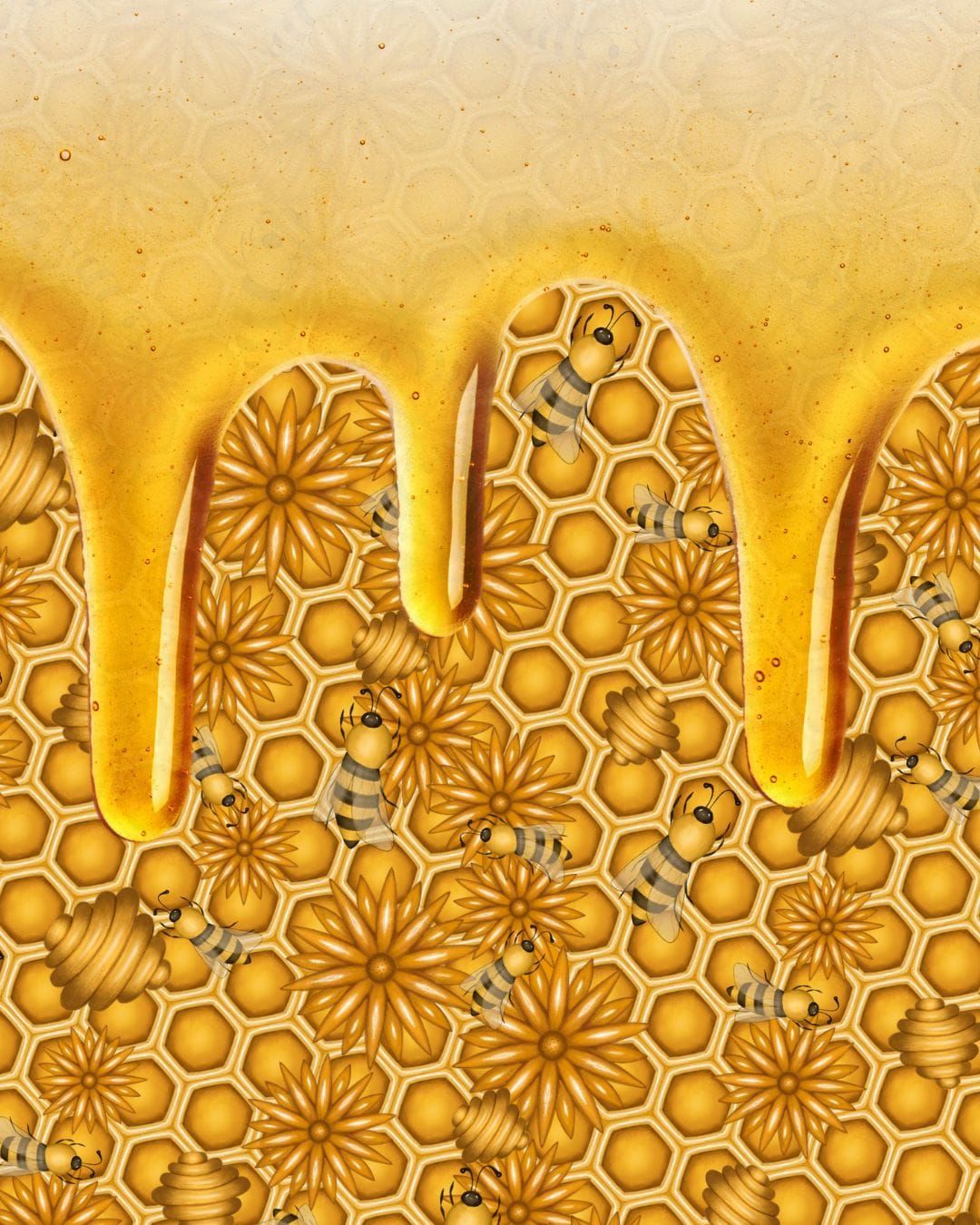 A golden honeycomb pattern filled with stylized bees and honey flowers.