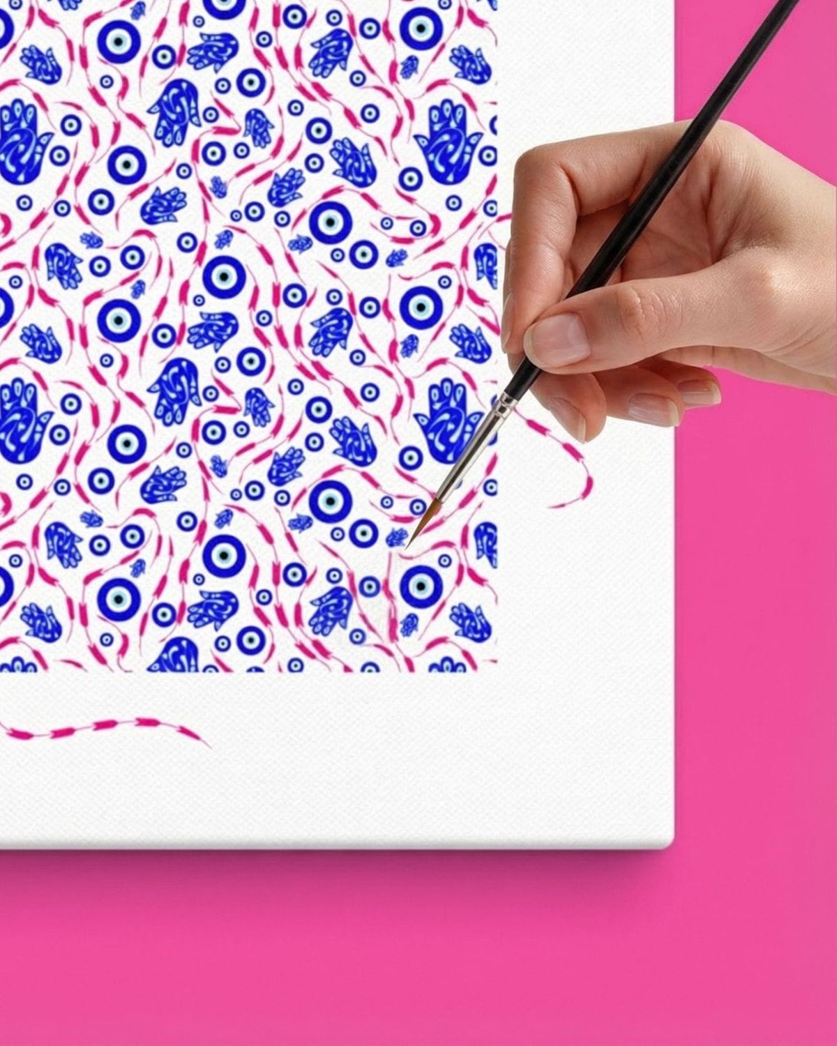 Turkish eye and Hamsa (khamsa) artwork with popping blue and pink pattern