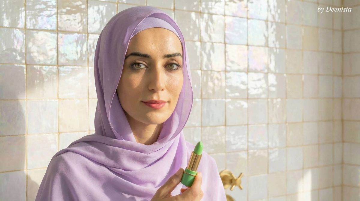 Person wearing a lavender hijab holding a green lipstick that turns pink, standing in front of tiled bathroom wall.