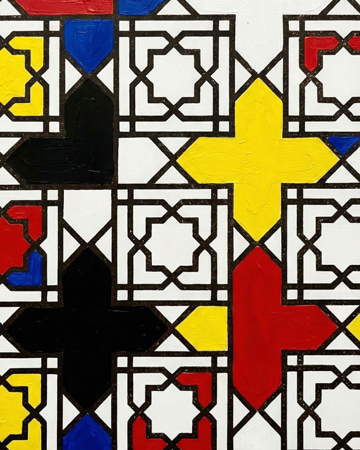 Mondrian-inspired geometric wall art using Islamic pattern stamps and primary colours