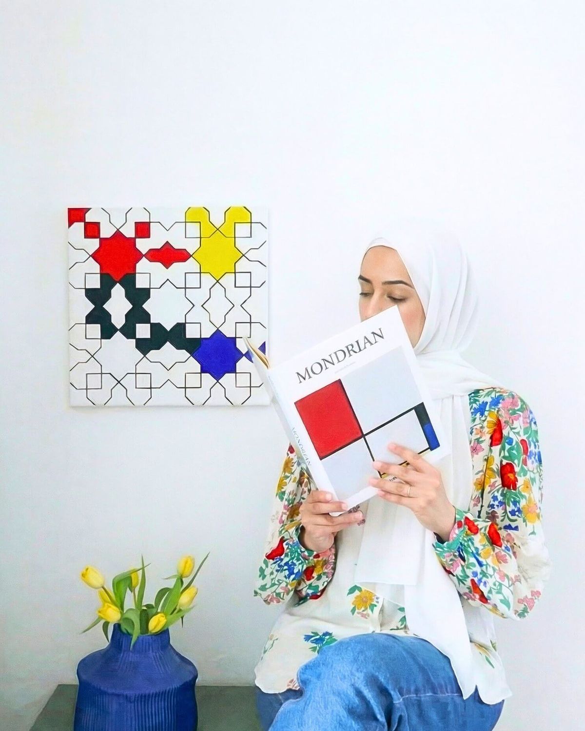 Modern geometric wall art inspired by Islamic patterns, Mondrian Reimagined canvas by artist Neda A.