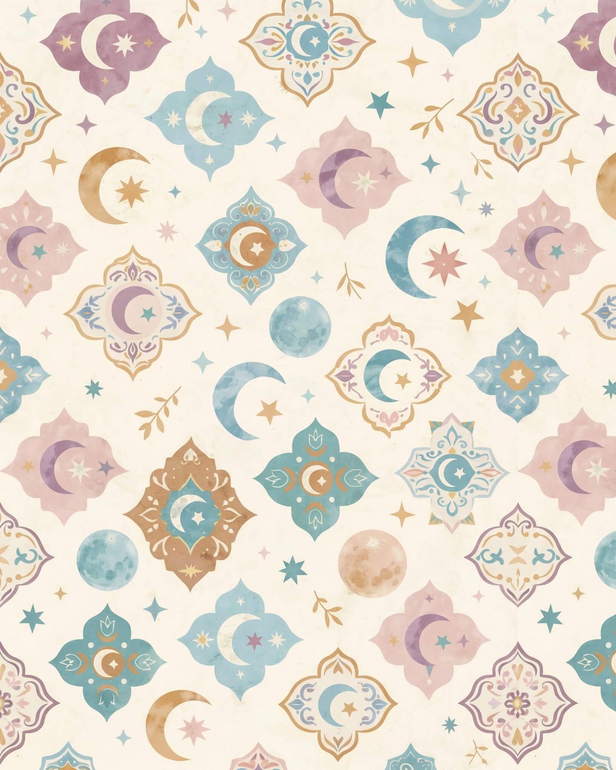 Moon and star Ramadan pattern art with pastel colors.