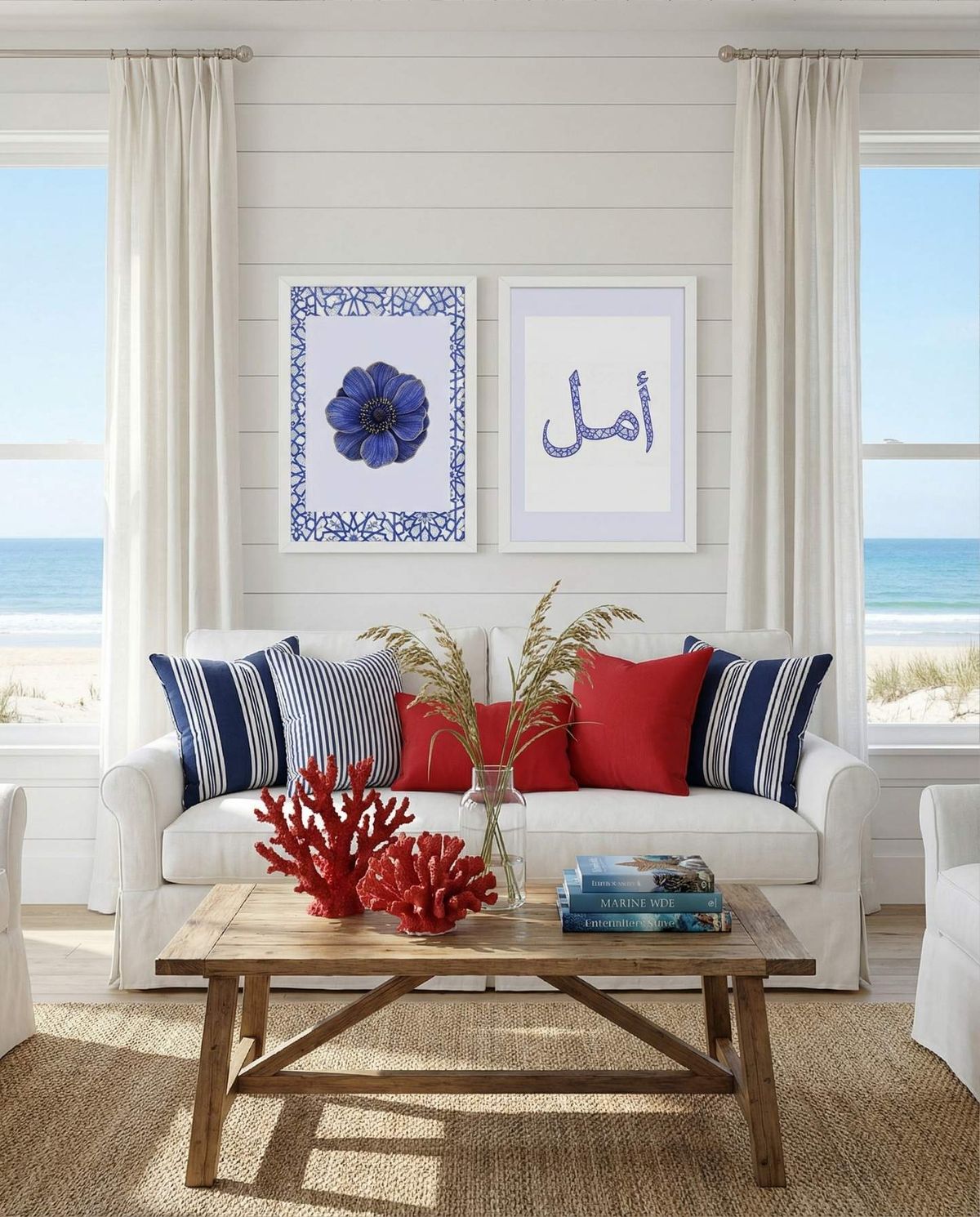 Contemporary Islamic wall art with blue geometric lace botanical print and Amal calligraphy displayed above a white sofa in a modern coastal living room.