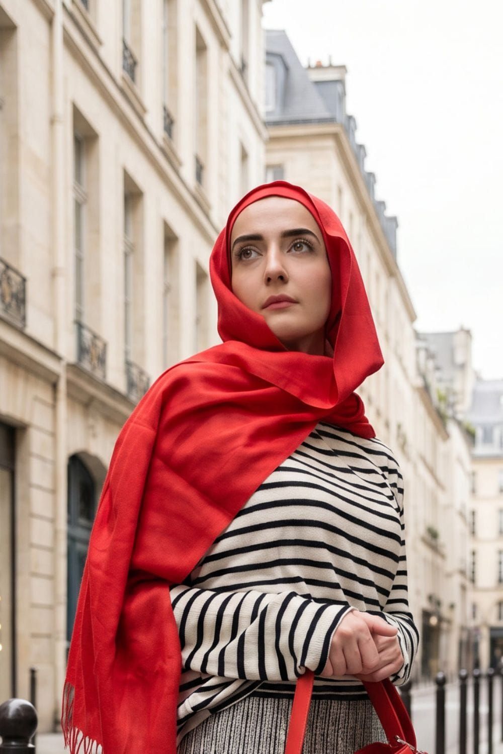 Woman in a red hijab and striped Zara co-ord set for a French modest look