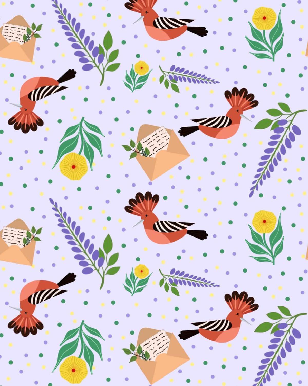 Illustrated Hudhud bird pattern inspired by Surah An-Naml in the Quran, featuring hoopoe birds, letters, and botanical motifs in soft pastel tones
