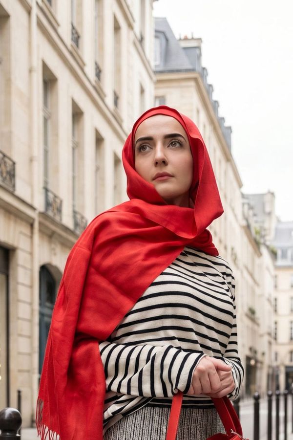 red hijab and striped co-ord set | french modest look
