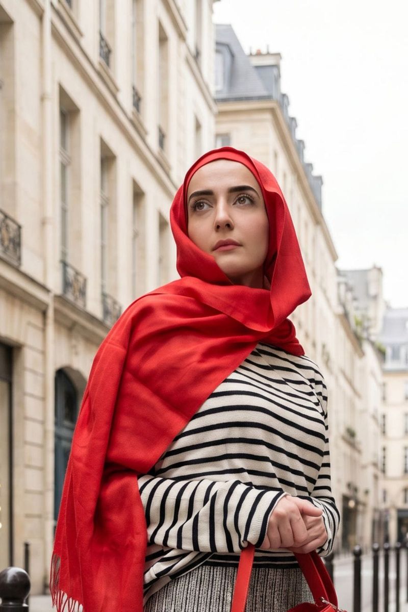 red hijab and striped co-ord set | french modest look