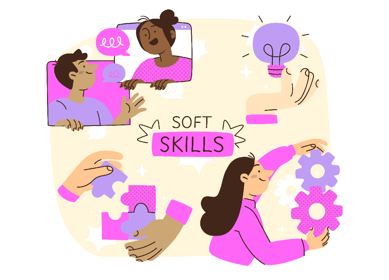 Diagrama representando diferentes soft skilss, como pessoas tendo uma comunicação saudável, gerando ideias e resolvendo problemas.