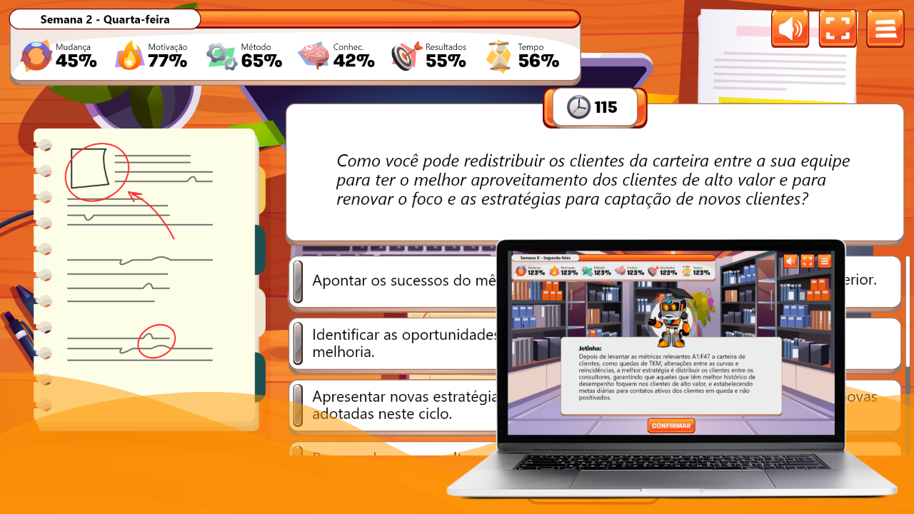Imagem do game Mega Líder Estratégico, mostrando uma tomada de decisão estratégica que o líder precisa tomar simulando sua rotina de trabalho.