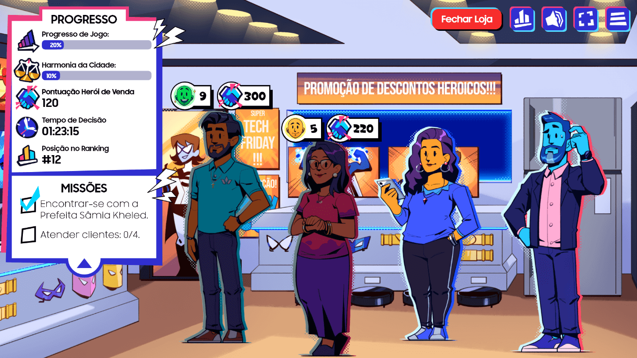 Imagem do Game Liga de Heróis, desenvolvido pela Elúdico, mostrando cinco personagens clientes em uma loja para serem atendidos.