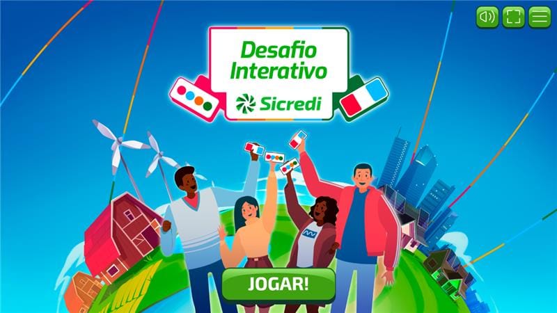 Jogo Desafio Interativo do Sicredi, mostrando avatares dos jogadores, tabuleiro colorido com casas temáticas e interface gamificada de perguntas e pontuação
