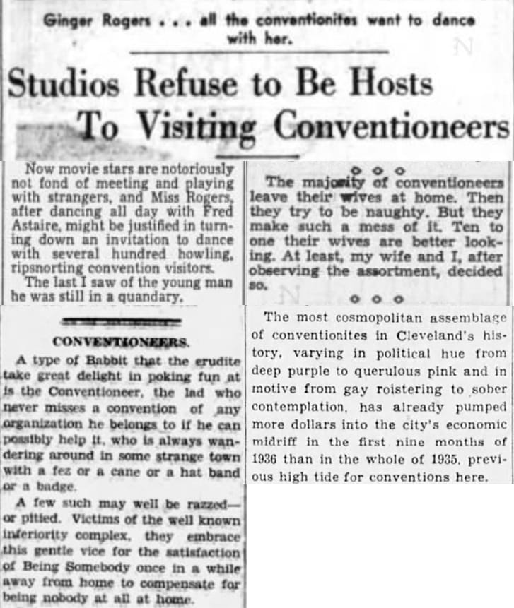 A collage of 1930s newspaper headlines about rowdy conventioneers.