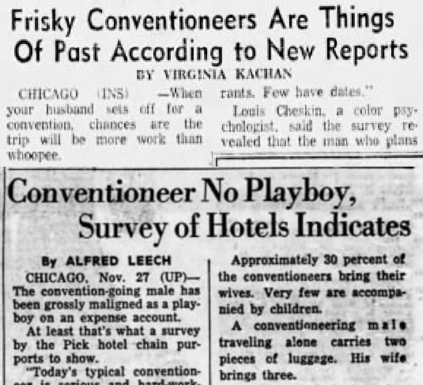 Two 1950s newspaper headlines about more professional conventioneers.
