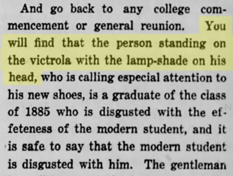 Newspaper: "You will find that the person standing on the victrola with the lamp-shade on his head..."
