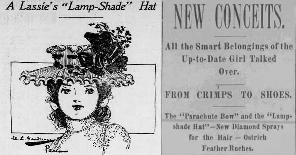 Newspaper clippings discussing literal "lamp-shade hats."