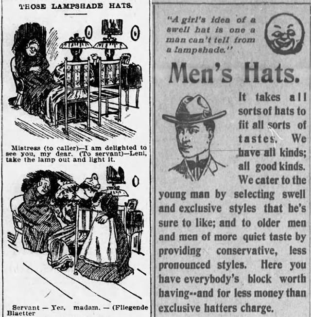 Newspaper clippings. A comic about a hat that looks like a lampshade hat, and an ad saying women's hats look like lampshades.