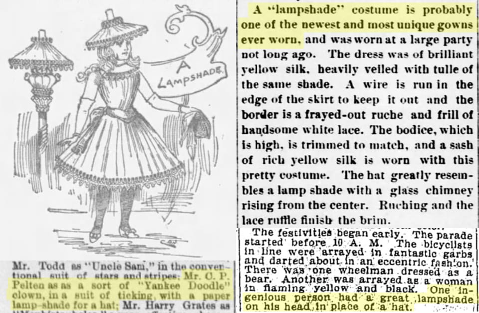 A collage of newspaper clippings describing costumes that incorporate lampshades.