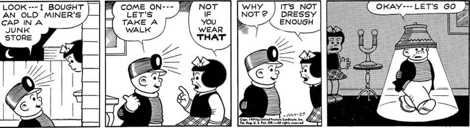 A Nancy comic where Sluggo wears a lampshade as a hat.