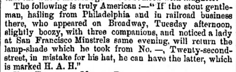 A newspaper report describing an American who left a venue mistaking a lampshade for a hat.