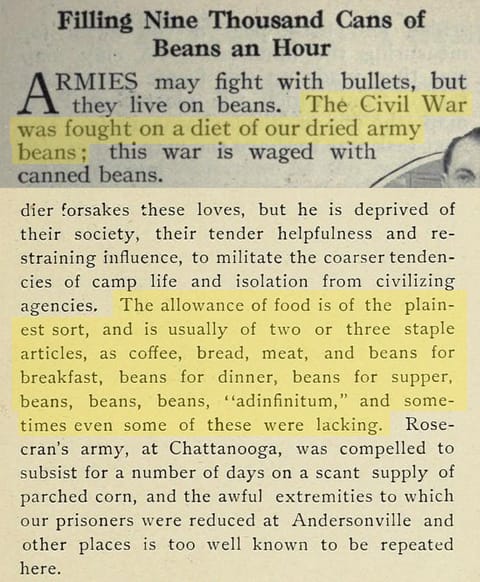 Clips of Popular Science and a Civil War memoir explaining that soldiers ate lots of beans.