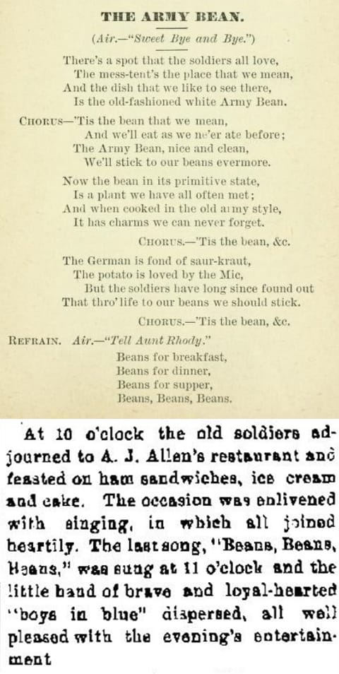 Lyrics for "The Army Bean" and a report of veterans singing a bean song at a reunion
