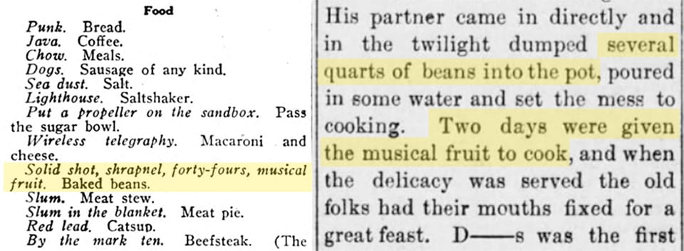 Early references to beans as "musical fruit"