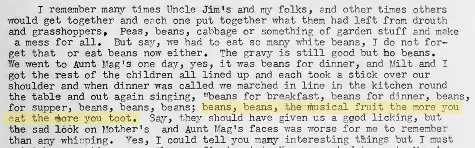 Genealogical record of a woman remembering hearing the song "beans, beans, the musical fruit"