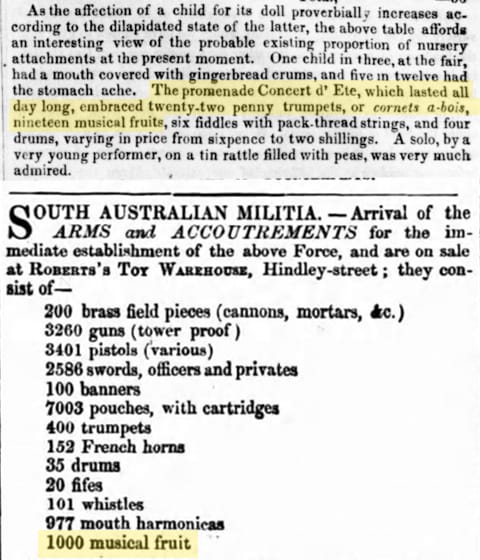 Newspaper clips of "musical fruit" instruments appearing in London and Australia