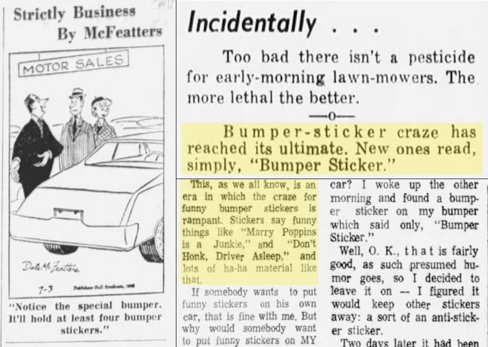 Collage of bumper sticker-themed comedy from the 1960s