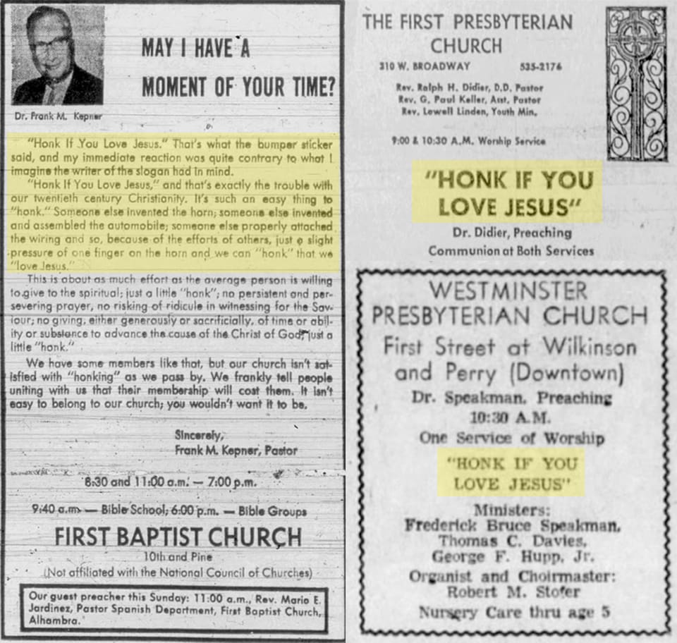 Three 1971 ads for different sermons on the topic of "Honk if you love Jesus"