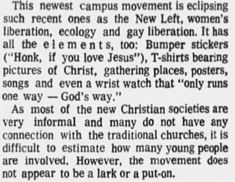 Newspaper clip describing new campus movement, including Honk if you love Jesus bumper stickers.