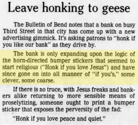 Newspaper clip saying that "honk if" bumper stickers originated with religious messages